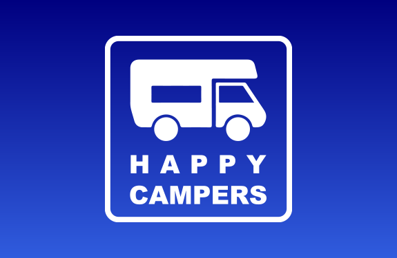 Logo minimaliste blanc représentant un camping-car avec le texte “Happy Campers” sur fond bleu.